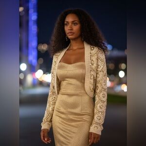 LN White House Black Market Cropped Embroidered Knit Sequin Open Cardigan Y2K